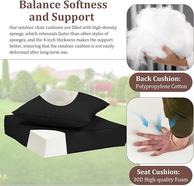 Waterproof Outdoor Chair Cushion Set of 4, 19x19x4 IN Deep Seat Patio Cushions with Fade Resistant Removable Cover,Outdoor Cushions for Patio Furniture with Ties&Handle for Chair Sofa Couch,Black