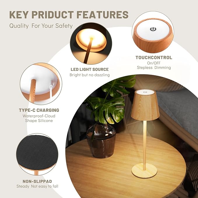 Maksone 2 Pack LED Cordless Table Lamp, 6600mWh Rechargeable Battery Desk Lamp, 3000K Stepless Dimming Night Light, IP54 Waterproof Metal Outdoor Portable Lamp for Bedroom, Restaurant(Wood Grain)