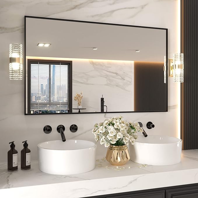LOAAO 60"X36" Black Rectangle Bathroom Mirror Wall, Matte Black Aluminum Alloy Frame, Tempered Glass, Hangs Vertically or Horizontally, Easy to Install