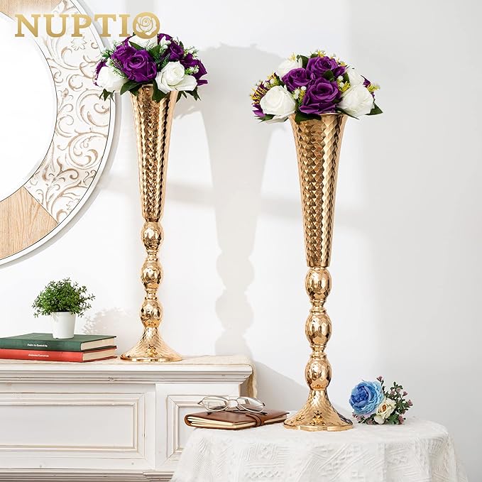 NUPTIO Pcs of 6 Fake Flower Ball Arrangement Bouquet,15 Heads Plastic Roses with Base, Suitable for Our Store's Wedding Centerpiece Flower Rack for Parties Valentine's Day Home Décor (Purple & White)