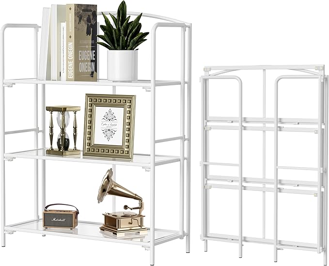 Crofy No Assembly Folding Bookshelf for Living Room, 3 Tier White Collapsible Book Shelf for Home Office, Portable Bookcase Storage Organizer