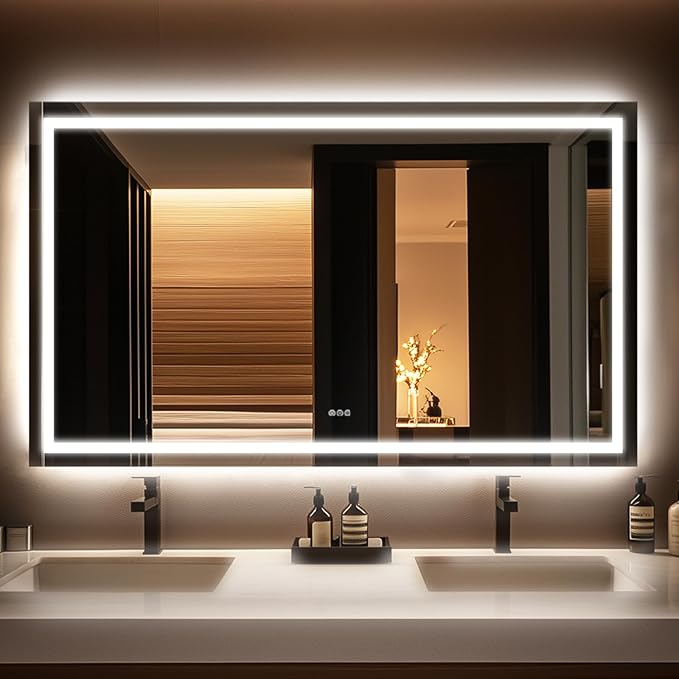 36x60'' LED Bathroom Mirror with Light, Frameless, Dimmable Front & Backlit, Anti-Fog, Distortion Free, Light Memory, Tempered and Shatter-Proof Wall Mounted Vanity Silver Coating Mirror