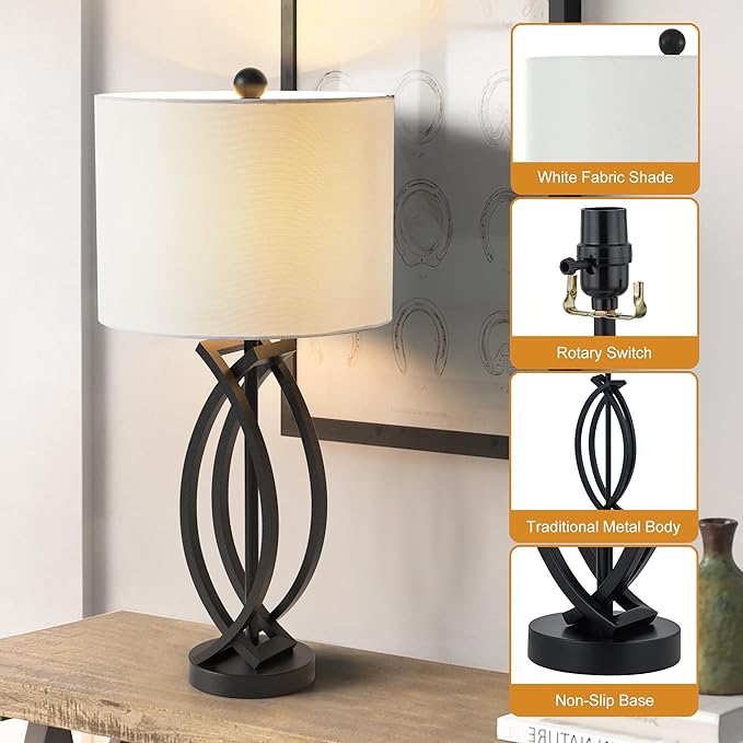 26" Industrial Table Lamps Set of 2, 3-Way Dimmable Farmhouse Nightstand Lamps Black Metal Bedside Lamps with White Shade for Living Room Bedroom, End Table Desk Lamp for Home Office