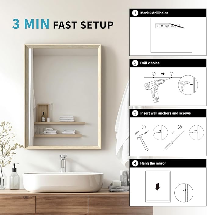 Oak Wood Effect Framed Wall Mirror, 24x32 Rectangle Mirror, 1/8" Anti-desilvering Tempered Glass, Sustainable& Sturdy Frame, Anti-Rust, HD Reflection &3min Fast Setup for Bathroom Living Room