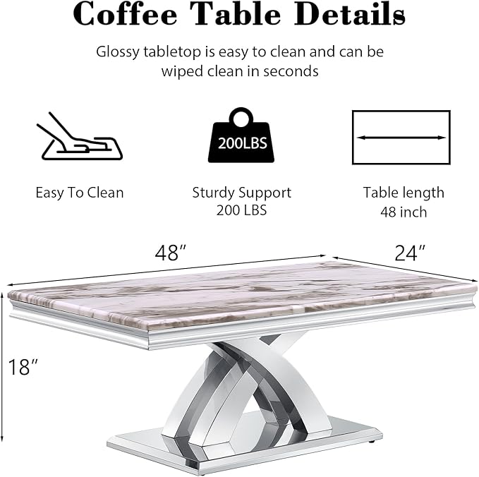 AUZ Coffee Table, Silver and White Coffee Table with Polished Silver X Base, Luxury Rectangle Center Table for Living Room,Tea, Guest Hall, Sofa, Reception Room,Office