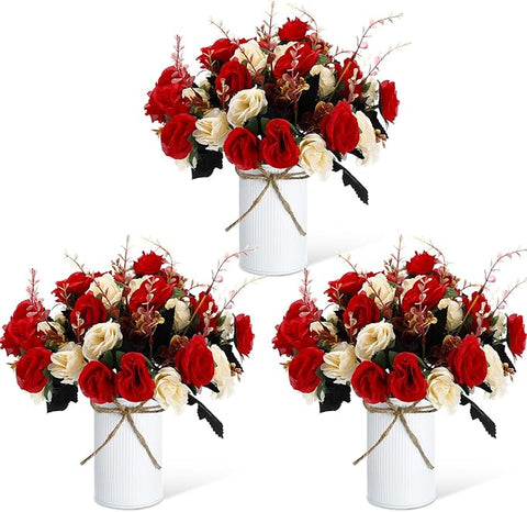 Domensi 3 Sets Wedding Centerpiece for Table Artificial Rose with Vase Fake Bouquets and Metal Pot Floral Arrangements for Holiday Party Event Table Decor (Red)