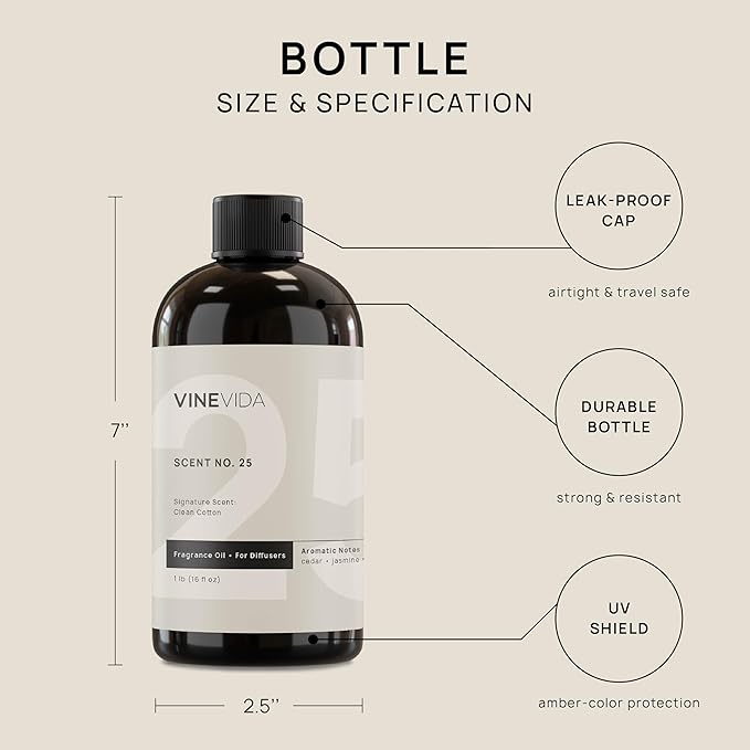 VINEVIDA [16 Fl Oz] Clean Cotton Fragrance Oil for Cold Air Diffusers, Essential Oils for Diffuser Oil Refill & Air Freshener Room Spray