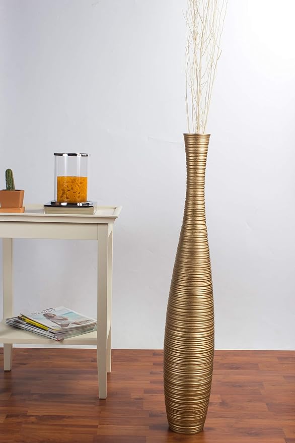 Leewadee Large Gold Home Decor Floor Vase – Wooden 34 inches Tall Farmhouse Decor Flower Holder for Fake Plant and Pampas Grass