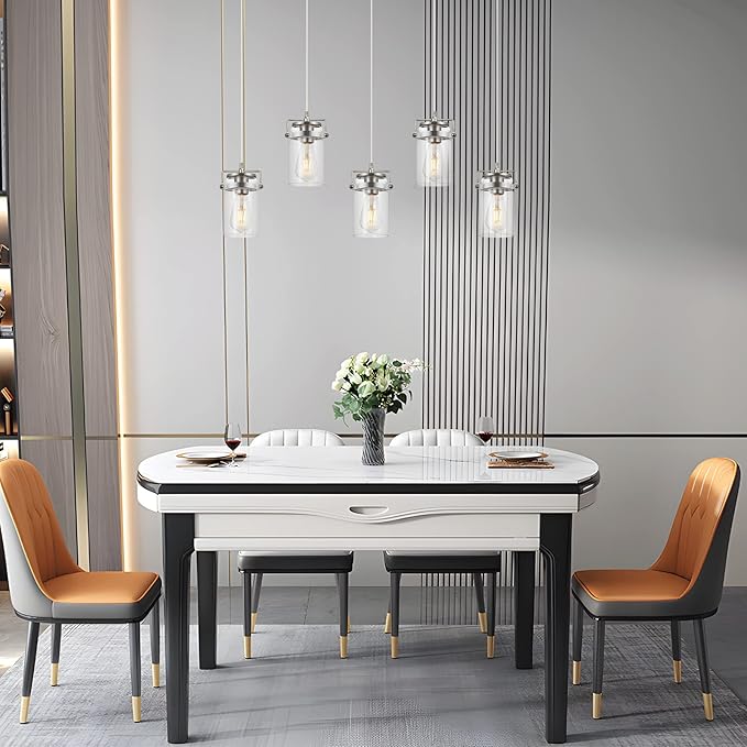 Kitchen Island Lighting, Pendant Lighting for Dining Room Kitchen Island Lighting Farmhouse Chandelier, 5 Light Hanging Linear Chandelier Brushed Nickel Pendant Lights with Clear Glass Shades