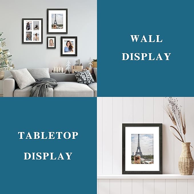 5x7 Picture Frame Set of 2, Made of Real Glass and Rustic Black Wooden Frame - Display Pictures 4x6 with Mat or 5x7 Without Mat, 5 by 7 Photo Frame for Wall or Tabletop Display