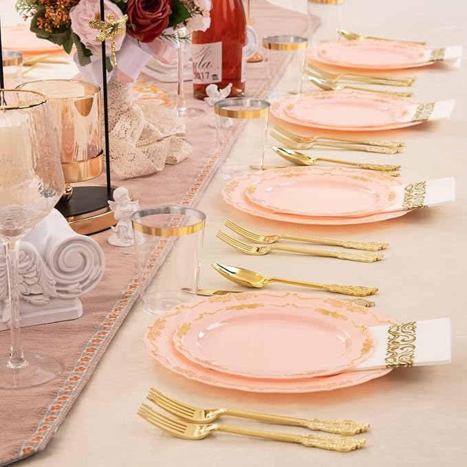 Supernal 210 Pink and Gold Plastic Plates ＆ Plastic Silverware,Elegant Party Cups,Dessert/Salad Plate with Gold Rim, disposable paper Napkins,Suit for Bridal Shower, Wedding,Birthday