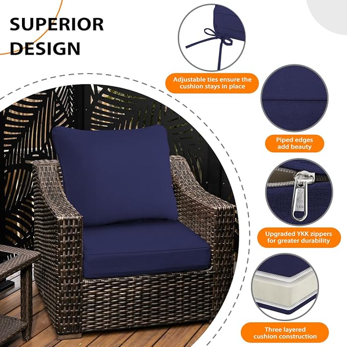 Sundale Outdoor Olefin Deep Seat Cushion, Patio Chair Cushion and Pillow, Water-Resistant Sectional Sofa Pad with Straps Navy Blue, 23 x 26 x 4 Inches