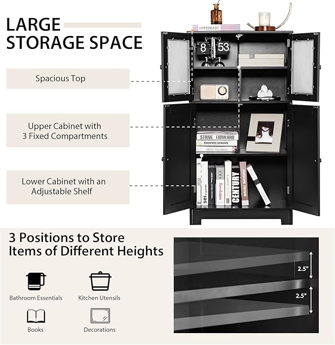 GOFLAME Bathroom Storage Cabinet, Freestanding Storage Cabinet with 4 Doors, Wooden Kitchen Cupboard with Adjustable Shelf, Buffet Sideboard, Multipurpose Home Organizer for Bathroom, Kitchen, Black