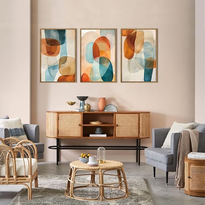 Large Abstract Color Block Framed Canvas Wall Art,Boho Orange and Blue Ovals Wall Decor,Modern Colorful Shape Artwork,Watercolor Geometric Art Print for Living Room,Bedroom,Office- 24"x36"x3