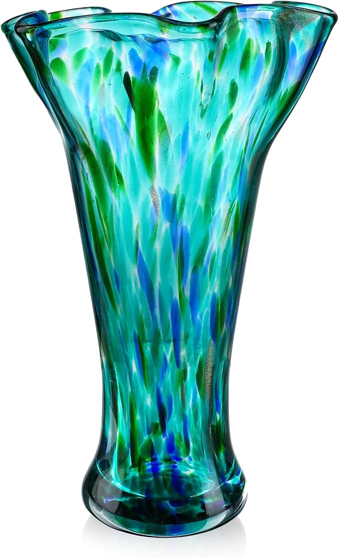 Green Blown Glass Vase for Flowers, 8.5" Wide Mouth Teal Vase for Home Decor, Modern Art Flower Vases Decorative | Table Centerpiece, Wedding, Living Room, Bookshelf, Entryway | Gift for Women Mom