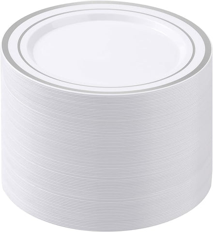 100PCS White Plastic Plates for Party, 10.25 Inch Heavy Duty Dinner Plates with Silver Rim, Disposable Plates for Wedding and Birthday
