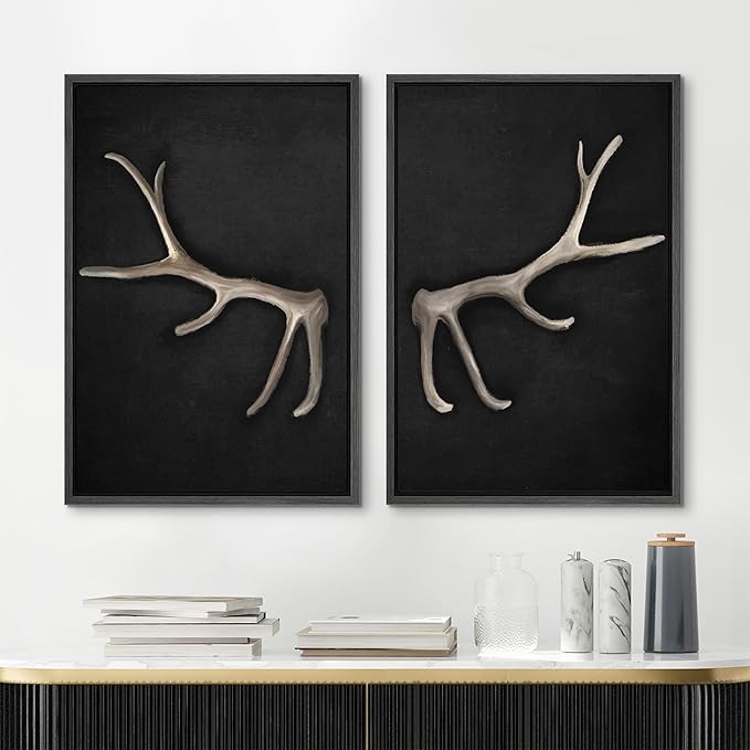 MUDECOR Framed Canvas Print Wall Art Rustic Antler Minimalist Antler Illustrations Modern Art Decorative Bohemian Colorful Chic for Living Room, Bedroom, Office - 16"x24"x2 Black