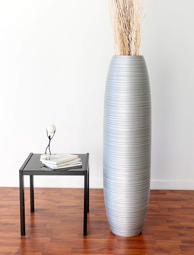 Leewadee Large Silver Home Decor Floor Vase – Wooden 43 inches Tall Farmhouse Decor Flower Holder for Fake Plant and Pampas Grass