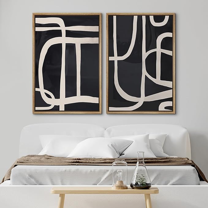 SIGNWIN Framed Canvas Print Wall Art Modern Graphic Black and White Curved Line Patterns Illustrations Modern Art Decorative Contemporary for Living Room, Bedroom, Office - 16"x24"x2 Natural
