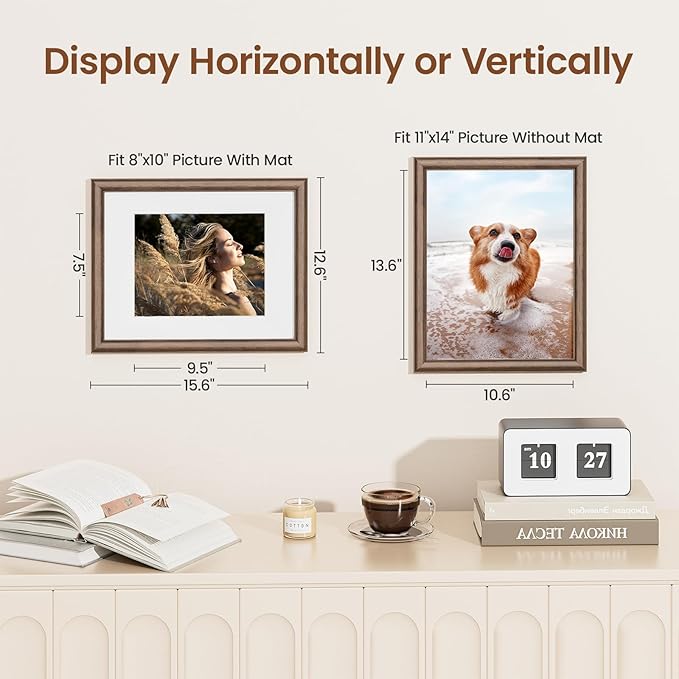 11x14 Picture Frame, USA-Sourced Walnut Wood Frame with Tempered Glass, Display 8x10 with Mat or 11x14 Without Mat, 11 by 14 Photo Frame for Vertical & Horizontal Display, Handcrafted, 1 Pack