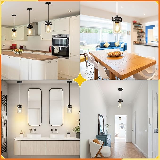Industrial Pendant Lighting Fixtures, Hanging Pendant Lights with Seeded Glass Shade, 3 Pack Black Ceiling Light Fixture Adjustable Farmhouse Pendant Light for Kitchen Island Dining Room