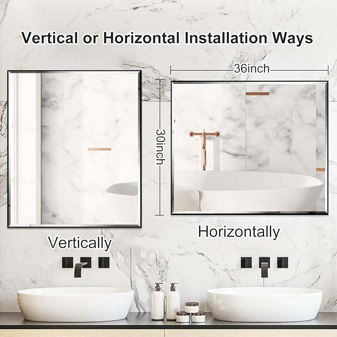 30x36 Inch Black Mirror with Beveled Trim, Aluminum Frame Bathroom Vanity Mirror, Copper-Free Mirror, Rectangle Wall Mounted Mirror, Modern Rectangular Mirror Horizontal or Vertical