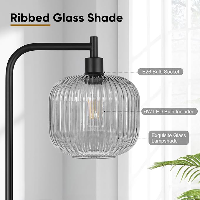 QiMH Glass Floor Lamp for Living Room, Modern Standing Lamp with Ribbed Grey Glass Lampshade Pedal Switch, 67” Tall Lamp for Bedroom Study Room, Black (2700K LED Bulb Included)
