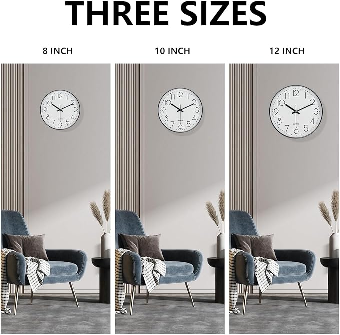 Modern Silent Wall Clock - 12 Inch Wall Clocks Battery Operated Large Number, Non-Ticking Analog Clock with Tempered Glass Quartz Clocks for Living Room Bedroom Office Kitchen, White Black