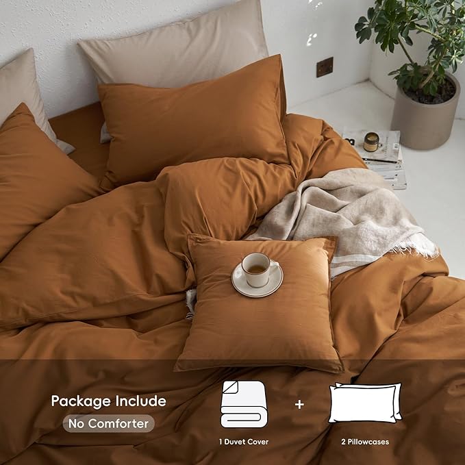 MooMee Super King Duvet Cover Set, 100% Washed Cotton Linen Like Twill Thick Sturdy Material Super Soft Breathable Durable Bedding for All Season, 3 Pieces (Dark Orange, Super King 108"x98")