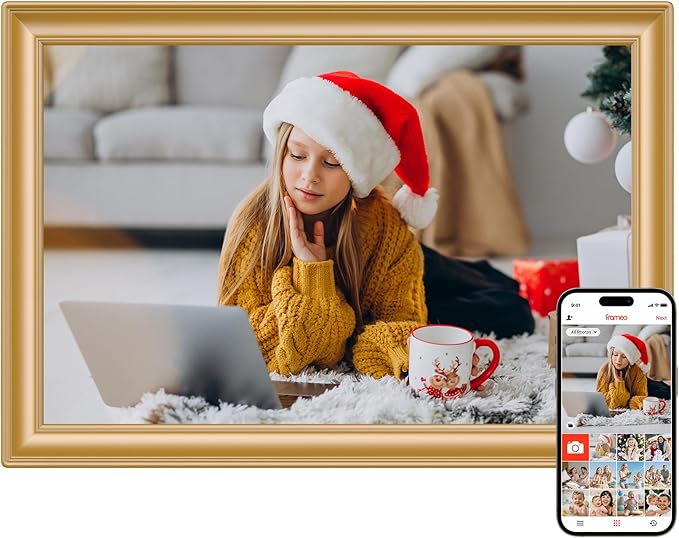Frameo 10.1 Inch WiFi Digital Picture Frame, 1280x800 HD IPS Touch Screen Photo Frame Electronic, 32GB Storage, Auto-Rotate, Wall Mounted, Share Photos/Videos Instantly from Anywhere - Gold