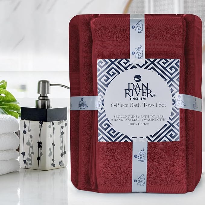 DAN RIVER 8 PC Luxury Bath Towels for Bathroom, 2 Bath, 2 Hand, and 4 Wash Cloths, 600 GSM 100% Ring Spun Cotton Towel Set, Highly Absorbent, Gym, Hotel, and Spa, Pomegranate