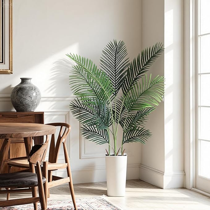 Artificial Areca Palm Tree 5FT Fake Potted Plant Faux Silk Tropical Areca Palm Real Bark Design, Large Artificial Plant in Tall White Pot for Home Living Room House Warming Floor Decor