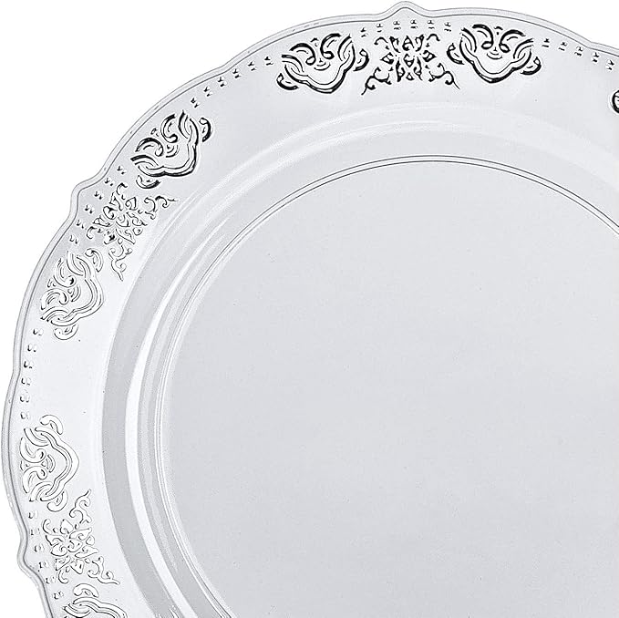 " OCCASIONS " 50 Plates Pack (25 Guests)-Vintage Wedding Party Disposable Plastic Plate Set -25 x 10.25'' Dinner + 25 x 7.5'' Salad/Dessert plates (Portofino in Clear & Silver)
