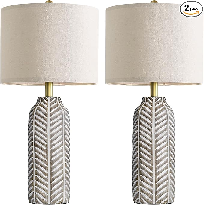 BOBOMOMO 26" Retro Farmhouse Lamps Set of 2 - Vintage Leaf Design, Living Room Lamps with Linen Shades, Rustic Resin Lamp for Bedroom, Living Room, Nightstand, Entryway, Nursery, Wood Grain