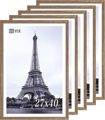 VCK 27x40 Poster Frame 5 Pack - Brown Walnut, Natural Textured Solid Wood Picture Frame, Wall Mounting Hanging