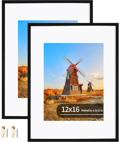 12x16 Metal Picture Frame Set of 2, 12 x 16 Aluminum Photo Frames with 8.5x11 Mat - Sawtooth Hangers, Spring Clips for Wall Mounting Horizontal and Vertical(Black)