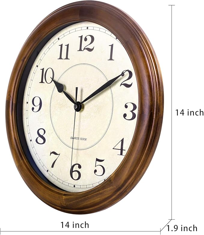 Kesin Wall Clock Wood 14 Inch Silent Wall Clocks Large Decorative Battery Operated Non Ticking Analog Retro Clock for Living Room, Kitchen, Bedroom