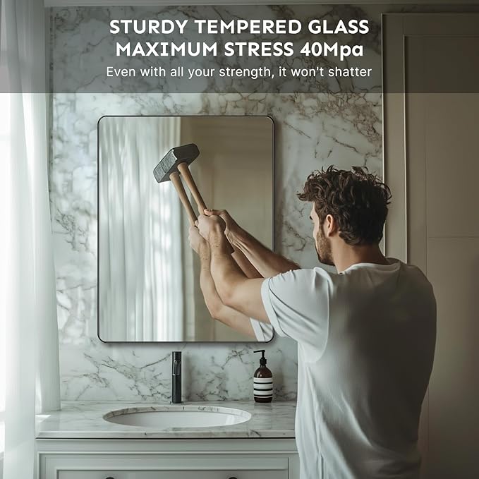 36x30 Bathroom Vanity Mirror for Wall, Aluminum Framed, Farmhouse Rectangle, Anti-Rust, HD Reflection Anti-Desilvering, Distortion Free, Tempered and Shatter-Proof Wall Mounted Mirror, Black