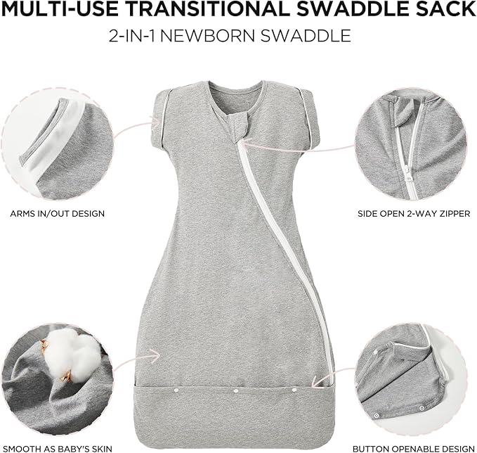 Duomiaomiao 2 Pack Baby Transition Swaddle Blanket, Snap Arms Up Baby Sleep Sack for All Seasons, 100% Cotton Baby Essentials for Newborn Boys Girls 0-6 Months, Gray & Dinosaurs