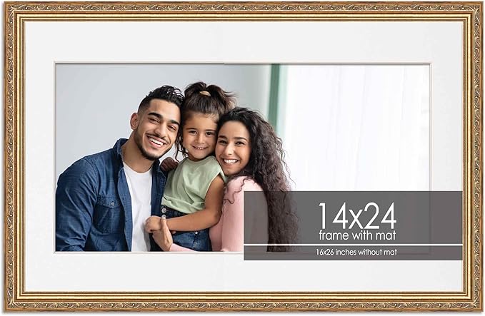 14x24 Frame with Mat - Antique Gold 16x26 Frame Wood Made to Display Print or Poster Measuring 14 x 24 Inches with White Photo Mat