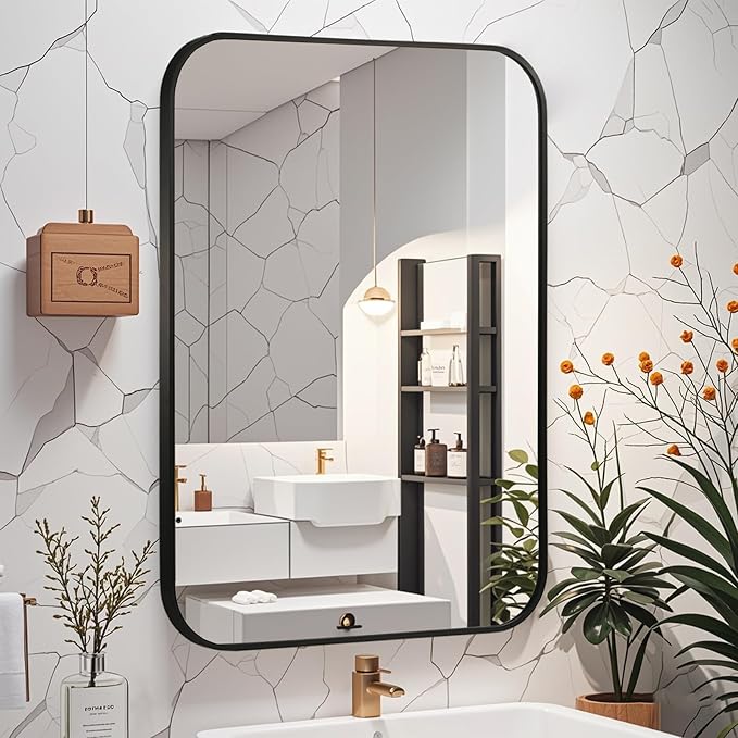 Matte Black Mirror, 48"x30" Rectangle Bathroom Mirror, Metal Frame Rectangle Corner Vanity Mirror, Wall Mounted Mirror for Modern, Living Room, Bedroom, Horizontal Or Vertical