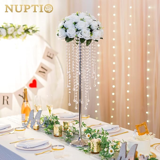NUPTIO Silver Crystal Wedding Vases - 10 Pcs 29.5in Tall for Centerpieces, Aisle Decorations, Parties