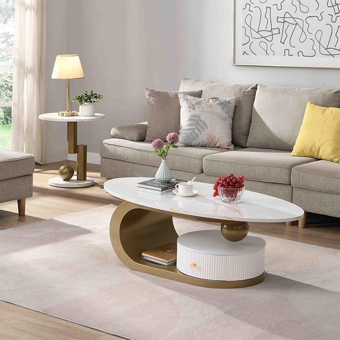 2 Piece Living Room Set, Storage Drawer, Faux Marble Tabletop, Modern Nest Coffee Table Set of 2, White and Gold Oval Coffee and End Table Set with Iron Geometric Base