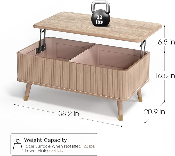 Lift Top Coffee Table, Mid Century Modern Coffee Table with Hidden Storage Compartment, 38" Fluted Center Table for Living Room, Home Office, Natural Oak