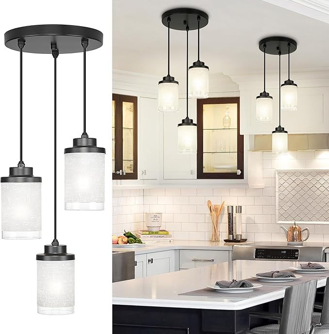 TENGXIN 3-Lights Modern Pendant Light with Glass Shade Matte Black Pendant Lighting Adjustable Industrial Retro Style Hanging Light Fixture for Kitchen, Farmhouse