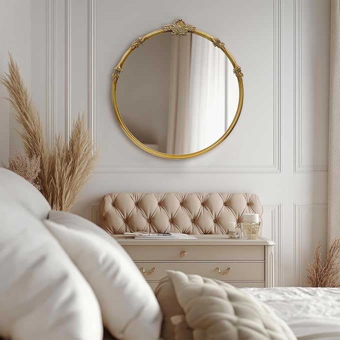 Gold Round Mirror - Baroque Style Ornate 24 Inch Mirror Suitable for Home Decoration, Bedroom, Living Room Wall Art, Retro Luxury Metal Frame Design
