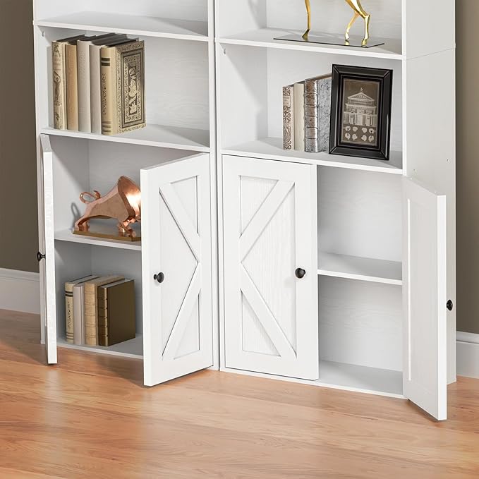 Tall Wooden Bookshelf with Cabinet and Doors,White Bookcase for Bedroom, Living Room, or Home Office Storage, 6 Shelves for Heavy Books & Organization
