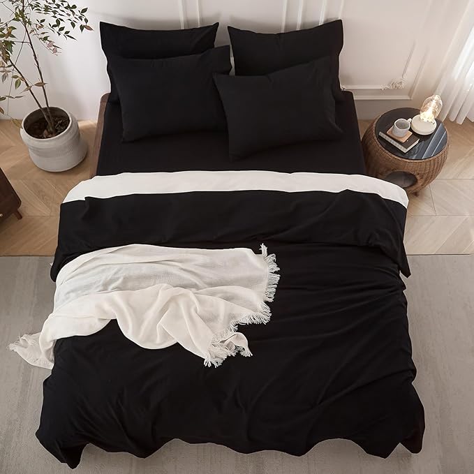 6PS Linen Like Bedding Sheet Sets Black Queen Size Cotton Bedding Set Oeko-TEX Standard 100% Washed Cotton Deep Pocket Queen Size Fitted Sheet Plus Cozy Flat Sheet and 4 Pillowcases