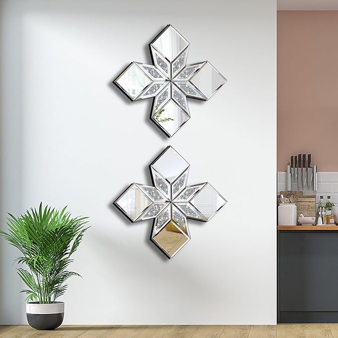 Crushed Diamond Decorative Mirror 2 Pack 16.75x16.75” Diamond Shape Glass Decor Wall Mirror for Home Decor, Accent Mirror
