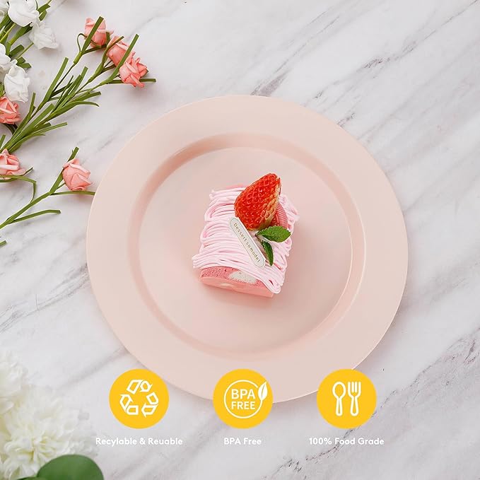 Goodluck 200PCS Disposable Pink Plastic Plates, Heavy Duty Disposable with 100 10.25 inch and 100 7.5 inch Dessert Plates for Party, Wedding, Baby Shower, Valentines